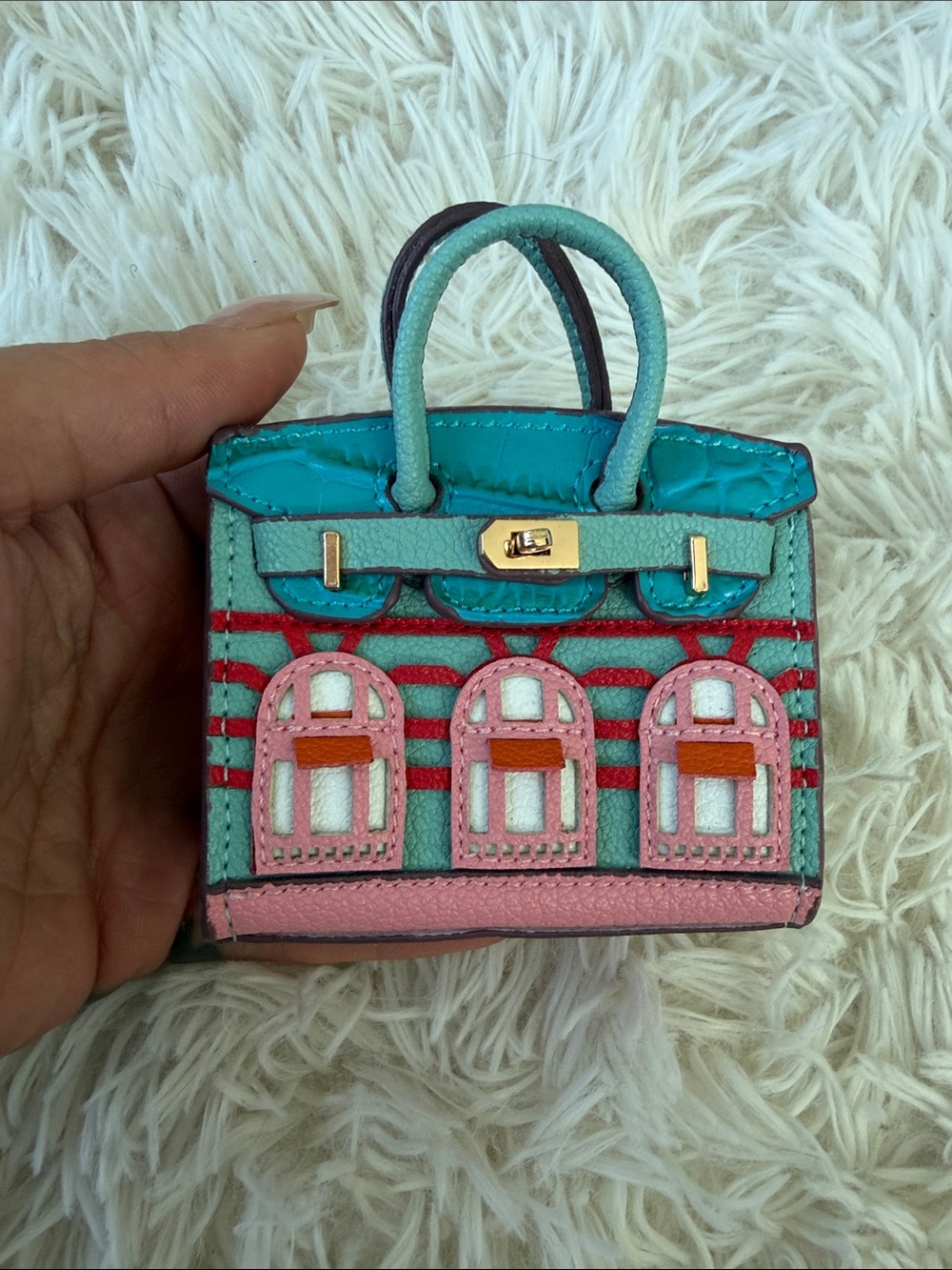 Mini Birkin Inspired Decorative Leather Tote Bag in Turquoise Pink and Red